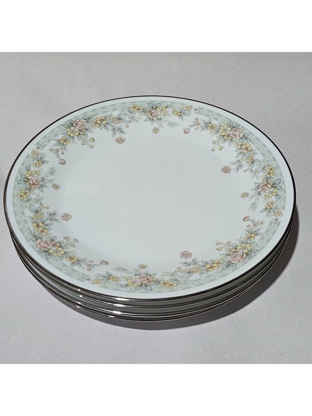 4 Noritake Spring Field Dinner Plates delicate flowers vtg Japan silver rim gree